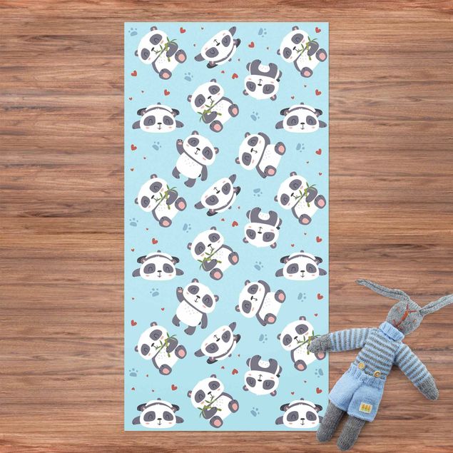 Vloerkleed bamboelook Cute Panda With Paw Prints And Hearts Pastel Blue