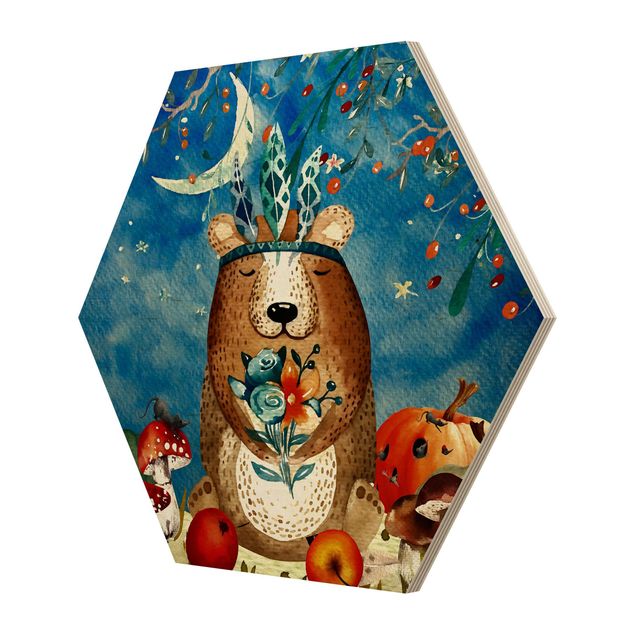 Hexagons houten schilderijen Watercolor Bear In Moonlight