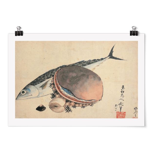 Posters Katsushika Hokusai - Mackerel and Sea Shells
