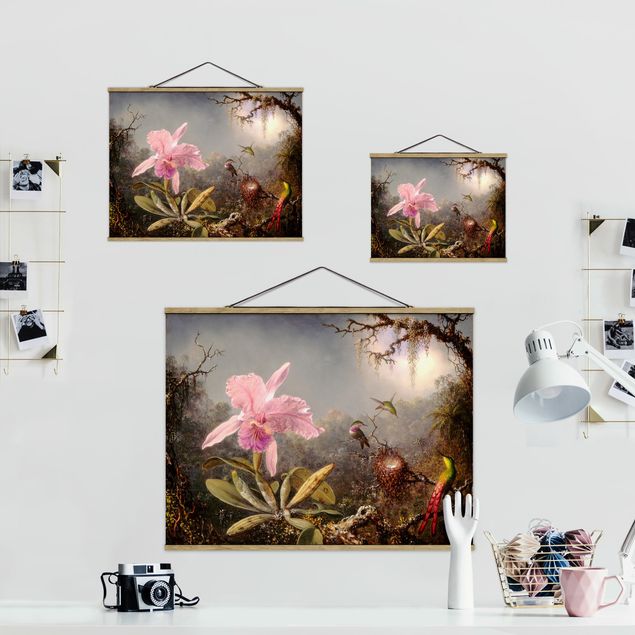 Stoffen schilderij met posterlijst Martin Johnson Heade - Orchid And Three Hummingbirds