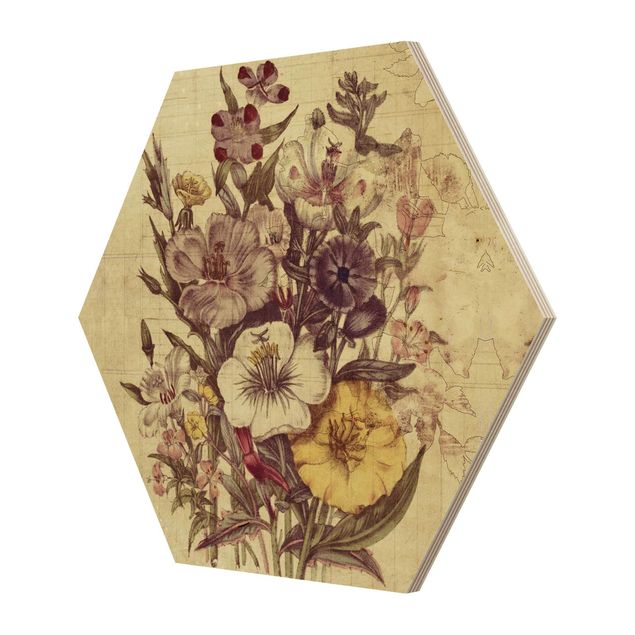 Hexagons houten schilderijen Vintage Letter Bouquet