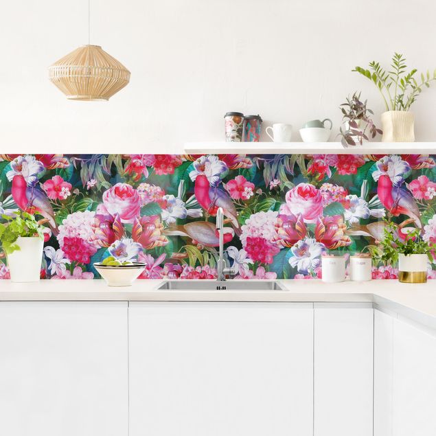 Achterwand voor keuken patroon Colourful Tropical Flowers With Birds Pink