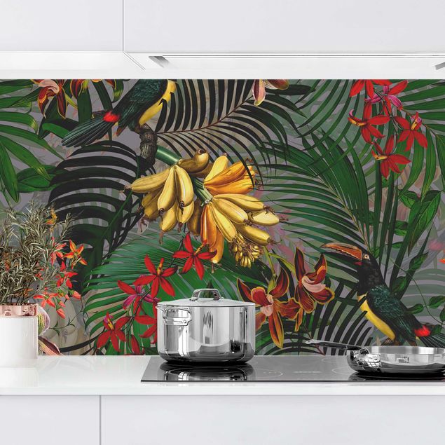 Achterwand voor keuken bloemen Tropical Ferns With Tucan Green