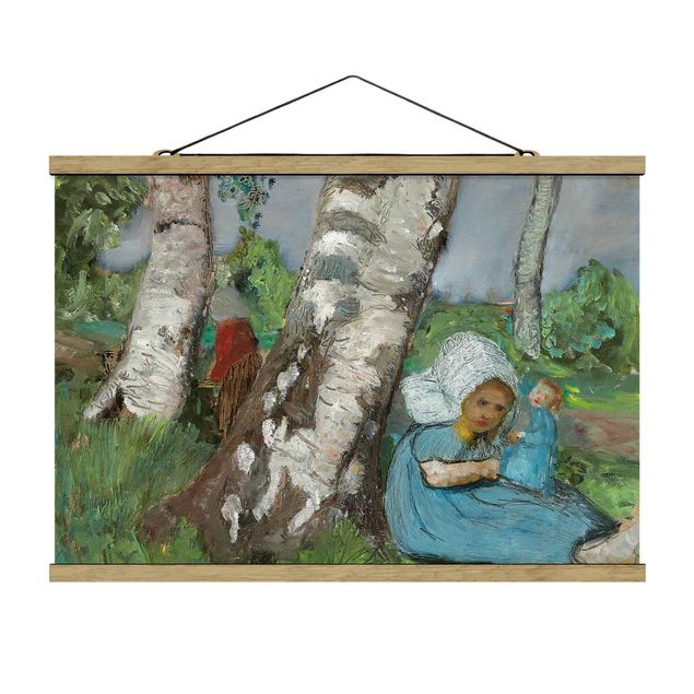 Stoffen schilderij met posterlijst Paula Modersohn-Becker - Child with Doll Sitting on a Birch Trunk