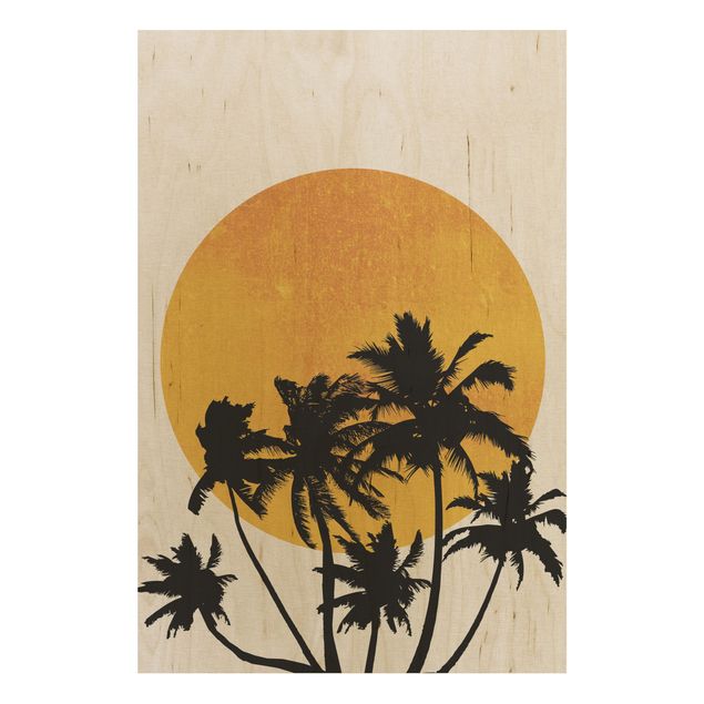 Houten schilderijen Palm Trees In Front Of Golden Sun
