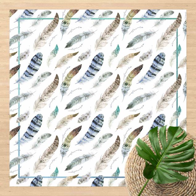 moderne vloerkleden Boho Watercolour Feathers In Earthy Colours With Frame