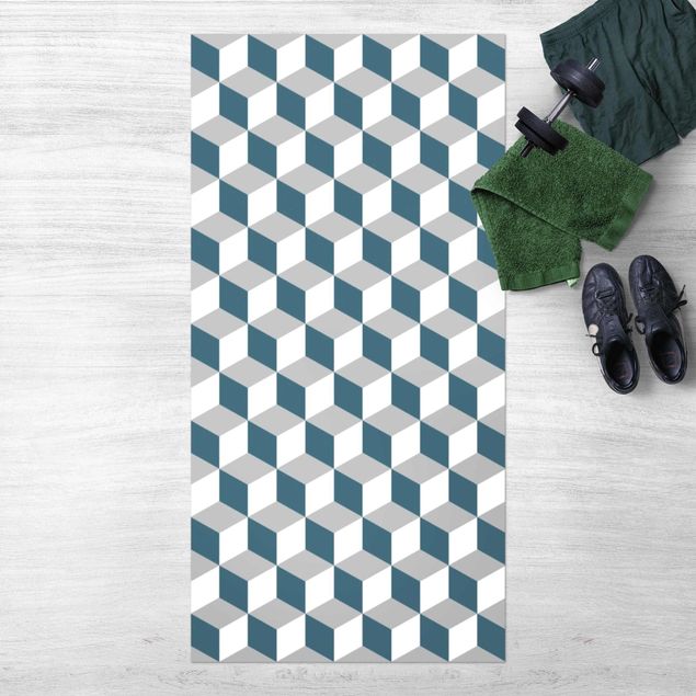 balkon tapijt Geometrical Tile Mix Cubes Blue Grey