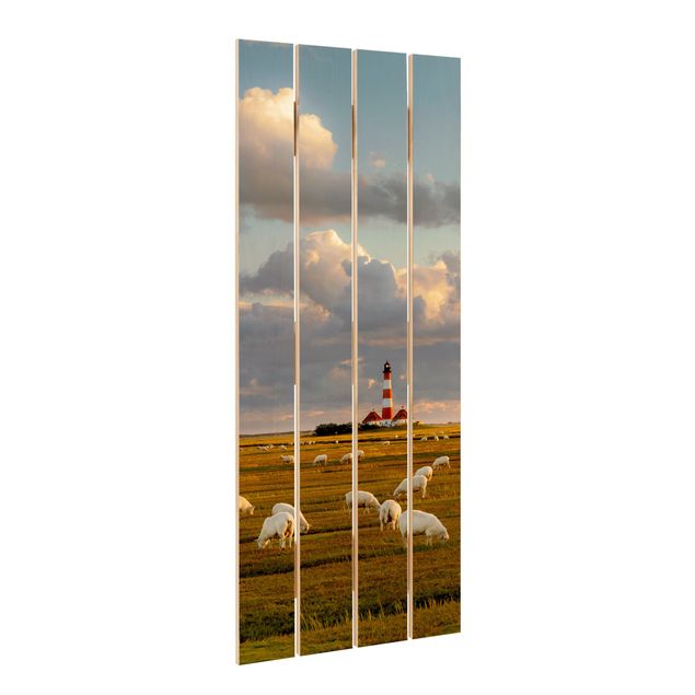 Houten schilderijen op plank North Sea Lighthouse With Flock Of Sheep