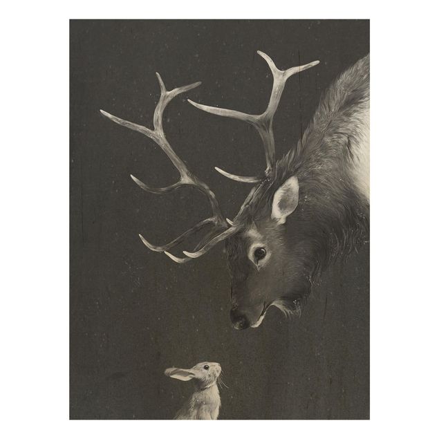 Houten schilderijen Illustration Deer And Rabbit Black And White Drawing