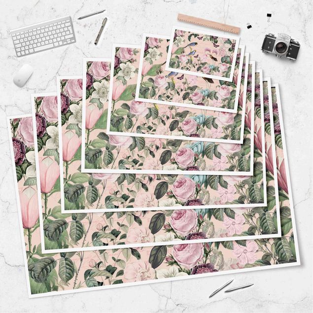 Posters Vintage Collage - Roses And Birds