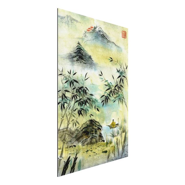 Aluminium Dibond schilderijen Japanese Watercolour Drawing Bamboo Forest