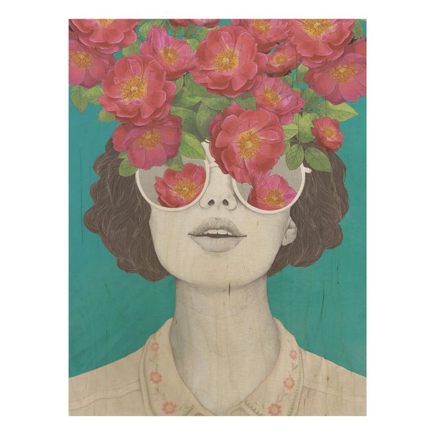 Houten schilderijen Illustration Portrait Woman Collage With Flowers Glasses