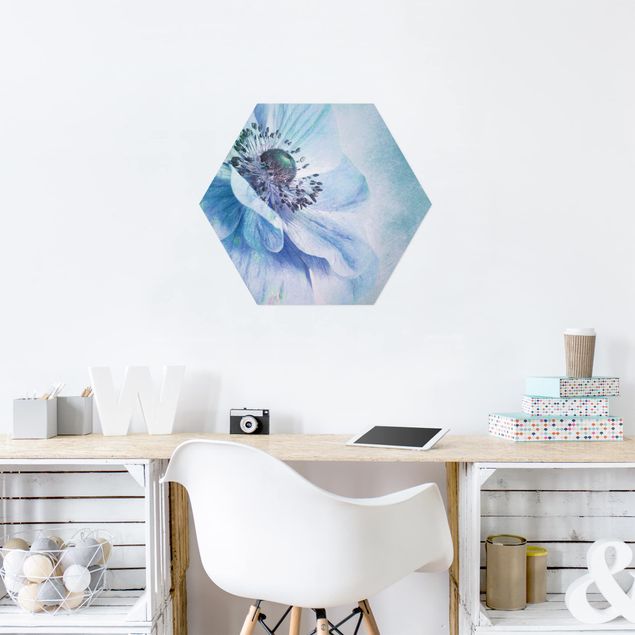 Hexagons Aluminium Dibond schilderijen Flower In Turquoise