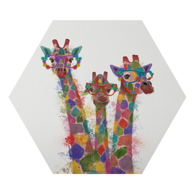 Hexagons Aluminium Dibond schilderijen Rainbow Splash Giraffe Trio