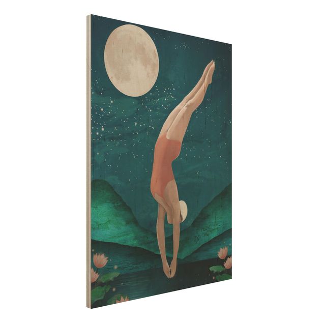 Houten schilderijen Illustration Bather Woman Moon Painting