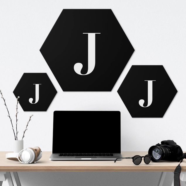 Hexagons Aluminium Dibond schilderijen Letter Serif Black J