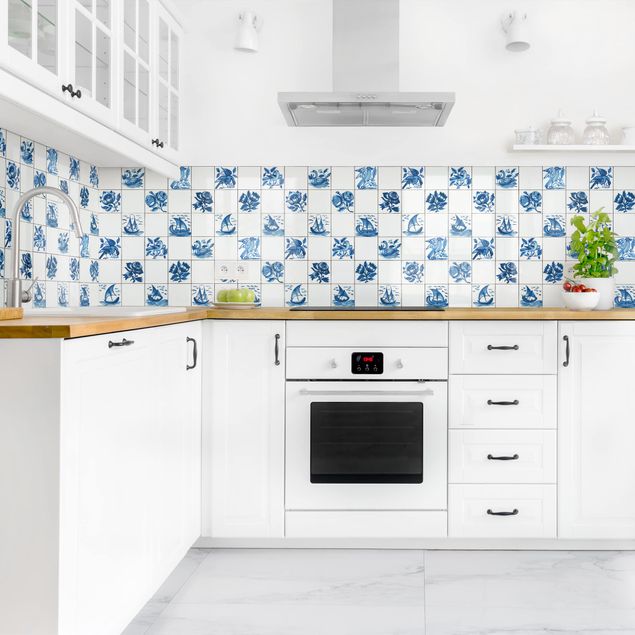 Achterwand voor keuken tegelmotief Hand Painted Tiles With Flowers, Ships And Birds