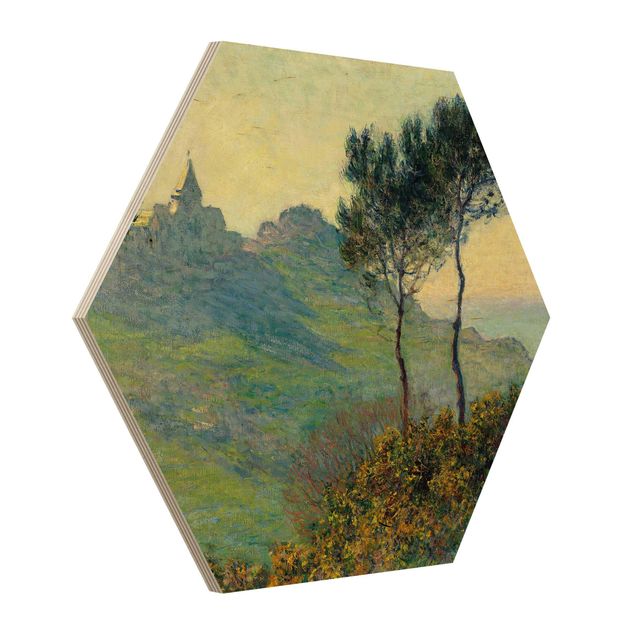 Hexagons houten schilderijen Claude Monet - The Church Of Varengeville At Evening Sun
