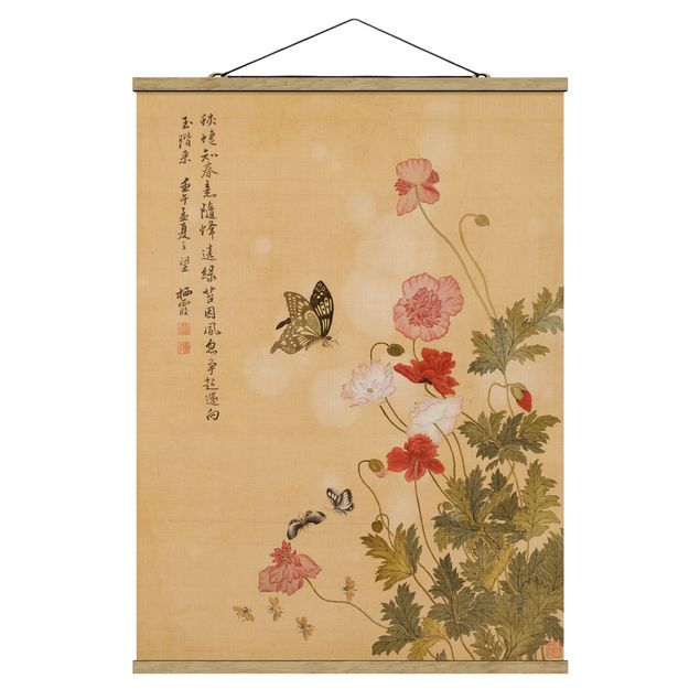 Stoffen schilderij met posterlijst Yuanyu Ma - Poppy Flower And Butterfly