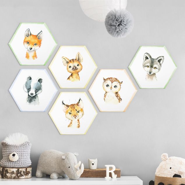 Hexagons Aluminium Dibond schilderijen - 6-delig Watercolour Forest Animals Set V