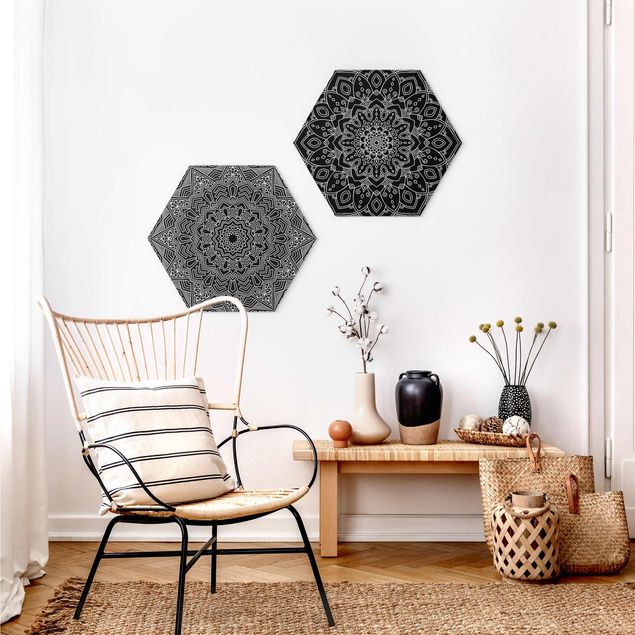 Hexagons Forex schilderijen - 2-delig Mandala Flower Star Pattern Black