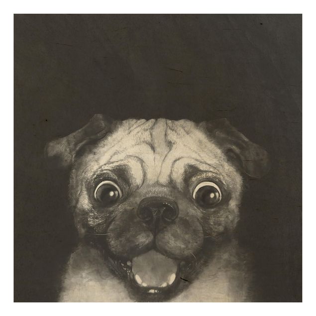 Houten schilderijen Illustration Dog Pug Painting On Black And White