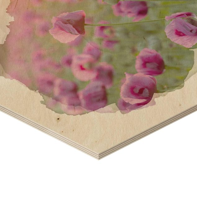 Hexagons houten schilderijen WaterColours - Violet Poppy Flowers Meadow In Spring