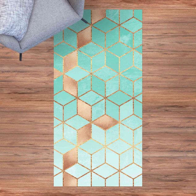 Loper tapijt Turquoise White Golden Geometry