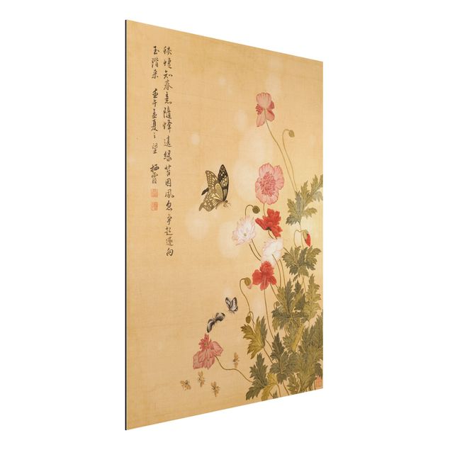 Aluminium Dibond schilderijen Yuanyu Ma - Poppy Flower And Butterfly