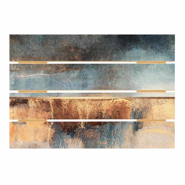 Houten schilderijen op plank Abstract Lakeshore In Gold
