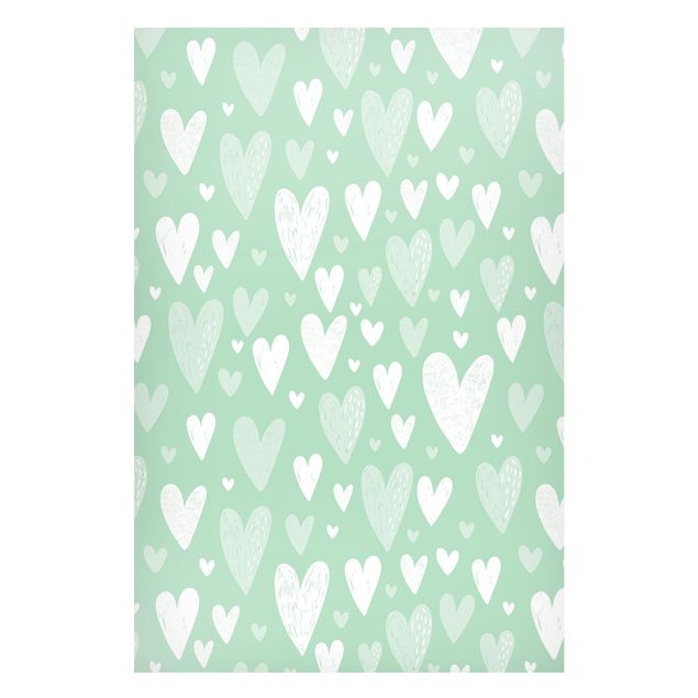 Magneetborden Small And Big Drawn White Hearts On Green