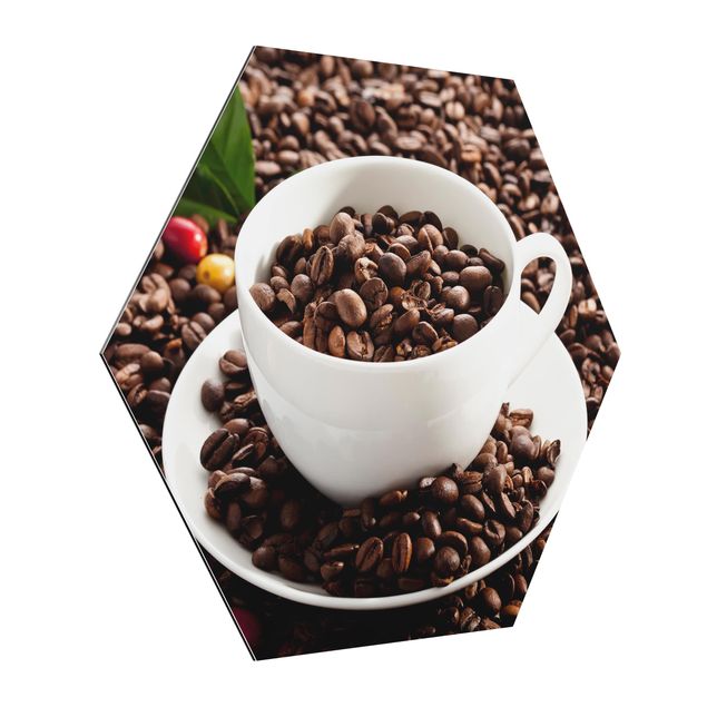 Hexagons Aluminium Dibond schilderijen Coffee Cup With Roasted Coffee Beans