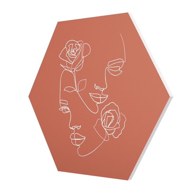 Hexagons Forex schilderijen Line Art Faces Women Roses Copper