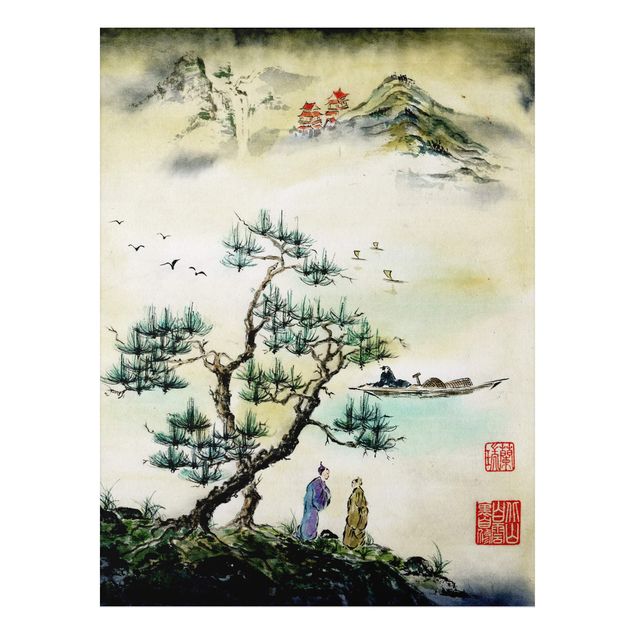 Aluminium Dibond schilderijen Japanese Watercolour Drawing Pine And Mountain Village