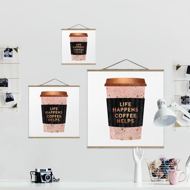 Stoffen schilderij met posterlijst Life Happens Coffee Helps Gold