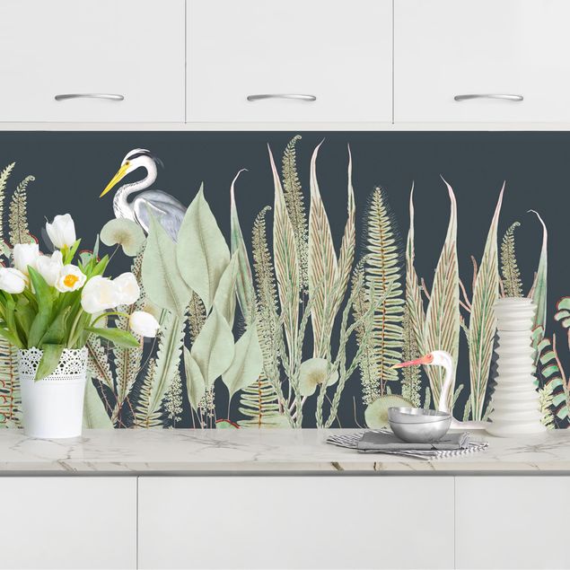 Achterwand voor keuken bloemen Flamingo And Stork With Plants On Green