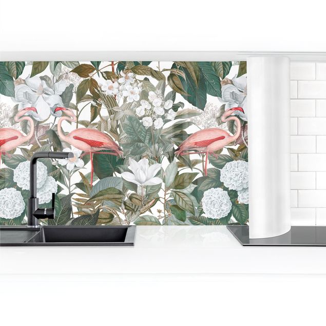 Achterwand voor keuken Pink Flamingos With Leaves And White Flowers II
