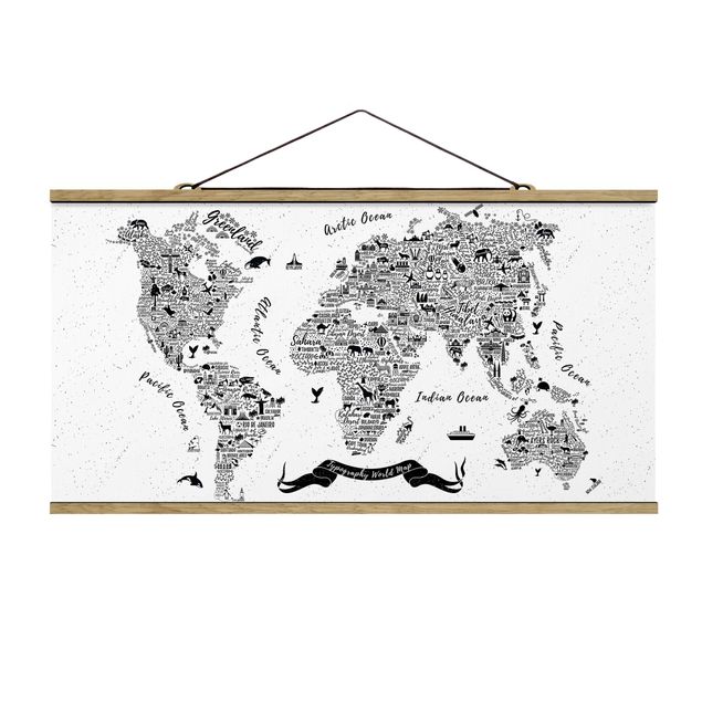 Stoffen schilderij met posterlijst Typography World Map White