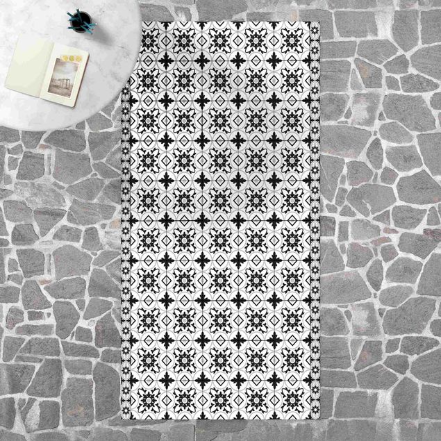 Loper tapijt Geometrical Tile Mix Flower Black