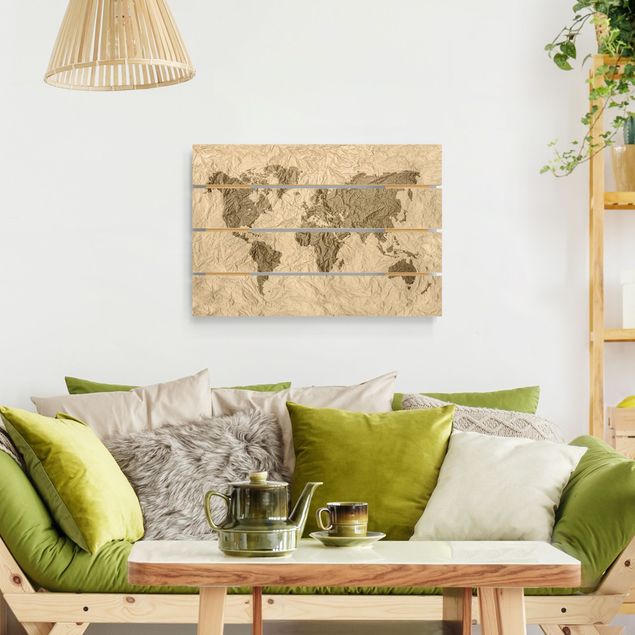 Houten schilderijen op plank Paper World Map Beige Brown
