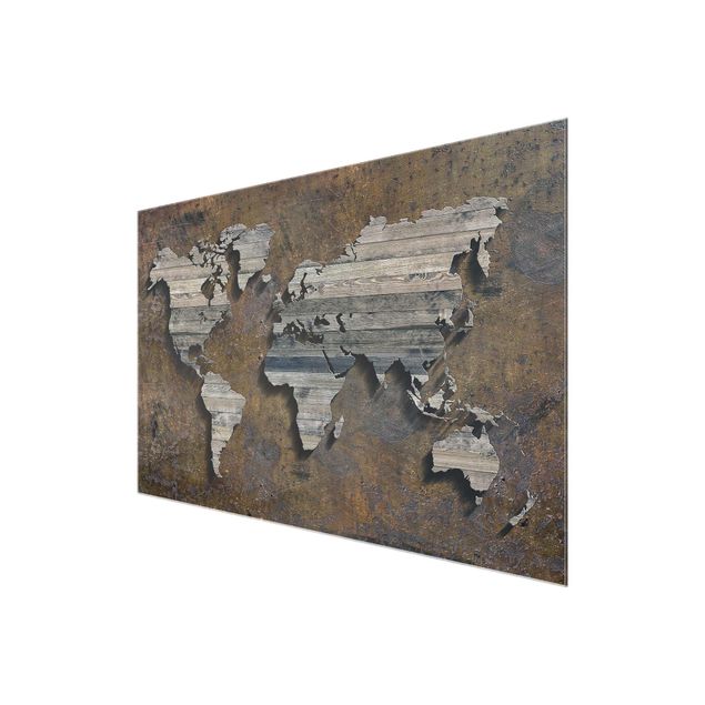 Glasschilderijen Wooden Grid World Map