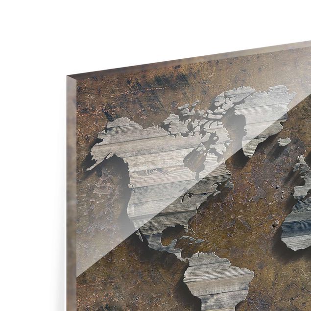 Glasschilderijen Wooden Grid World Map