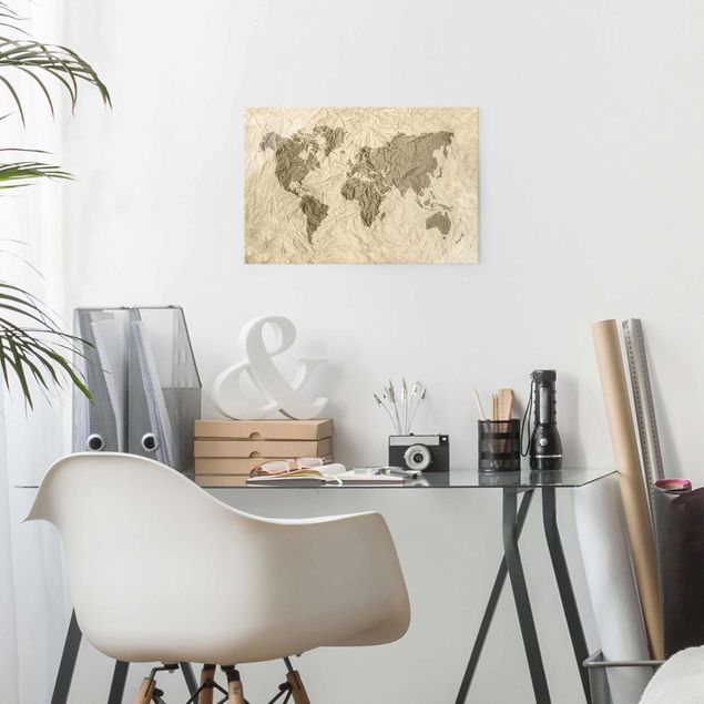 Glasschilderijen Paper World Map Beige Brown