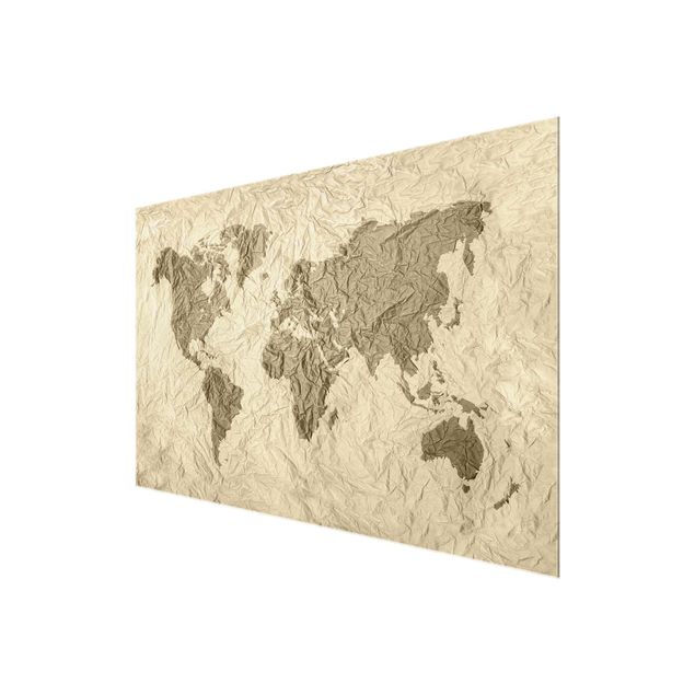 Glasschilderijen Paper World Map Beige Brown