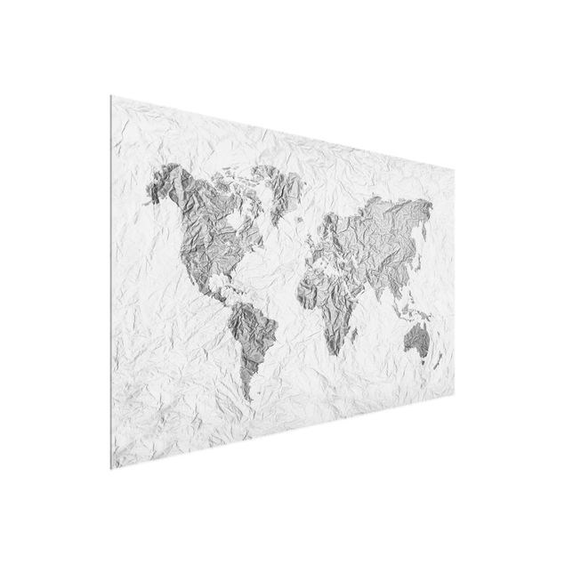 Glasschilderijen Paper World Map White Grey