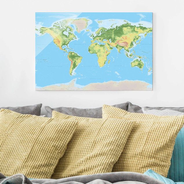 Glas Magnetboard Physical World Map