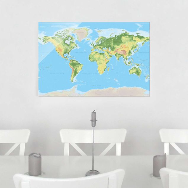 Glasschilderijen Physical World Map