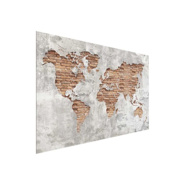Glasschilderijen Shabby Concrete Brick World Map