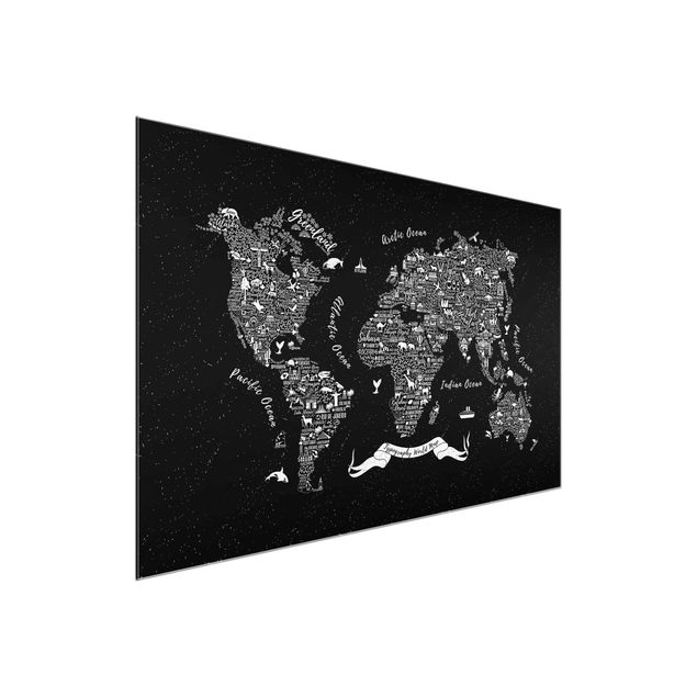 Glasschilderijen Typography World Map Black
