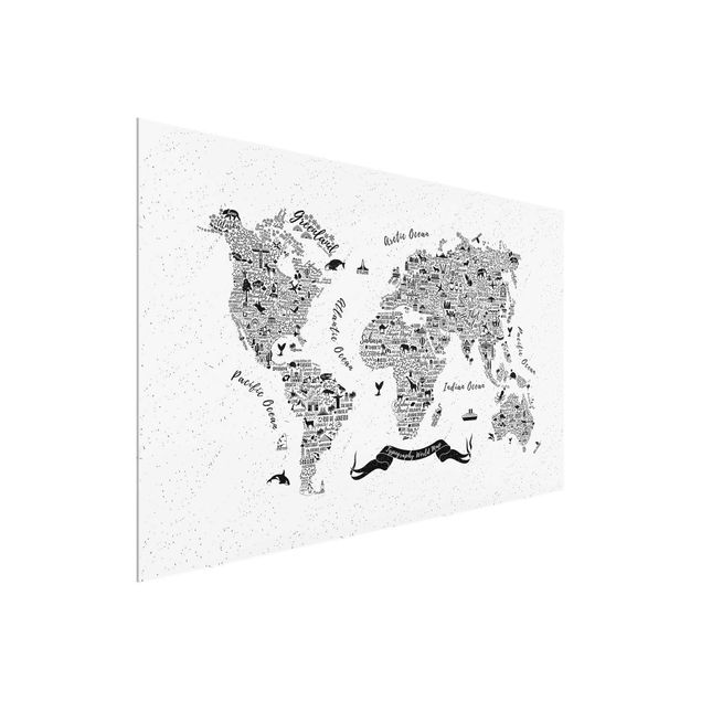 Glasschilderijen Typography World Map White